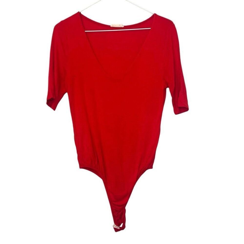 Imagenation Scoop Neck Short-sleeved Stretch Bodysuit Red Large